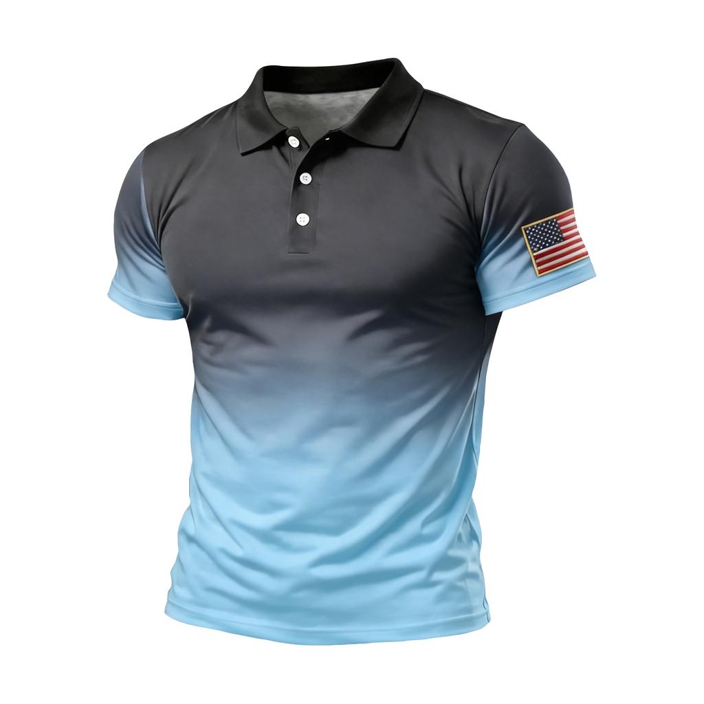 Men Short Sleeve Polo Shirt Gradient Design Button Up Flag Patch Classic Fit Comfortable Top