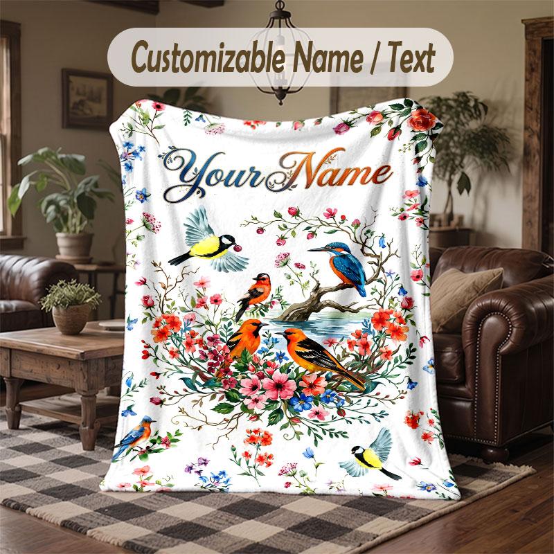 Birds Theme Throw Blanket Custom Name Text Personalized Blanket Soft Cozy Blanket for Home Sofa Bed