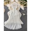 Vacation Sexy Hollow-out Bow V-neck Hanging Neck Sling Dress Women Summer Waist Hugging Slimming Pleated Cake Skirt