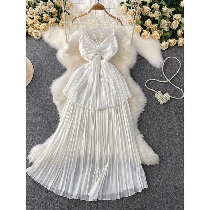 Vacation Sexy Hollow-out Bow V-neck Hanging Neck Sling Dress Women Summer Waist Hugging Slimming Pleated Cake Skirt