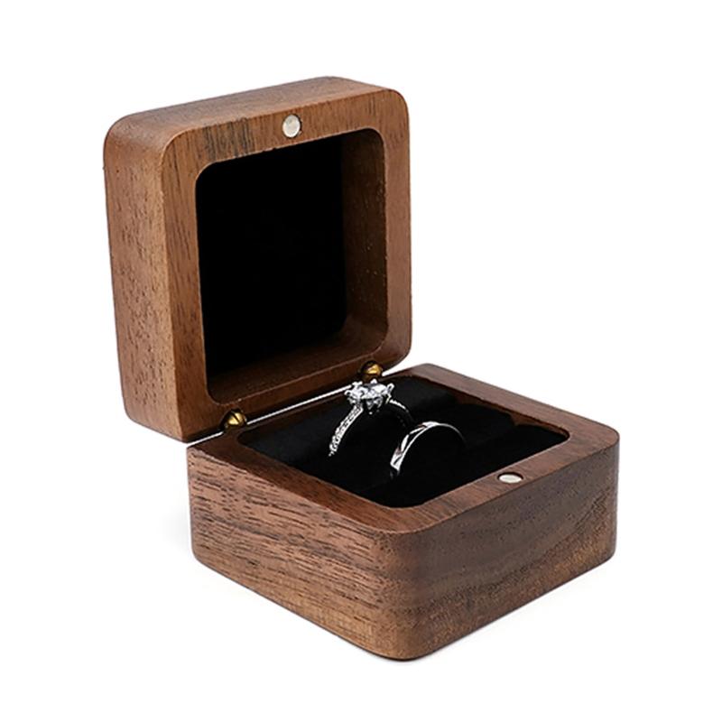 Multifunctional Small Jewelry Box Square Shape Organizer Mini Wooden Ring Box Soft Interior Holder for Proposal Wedding