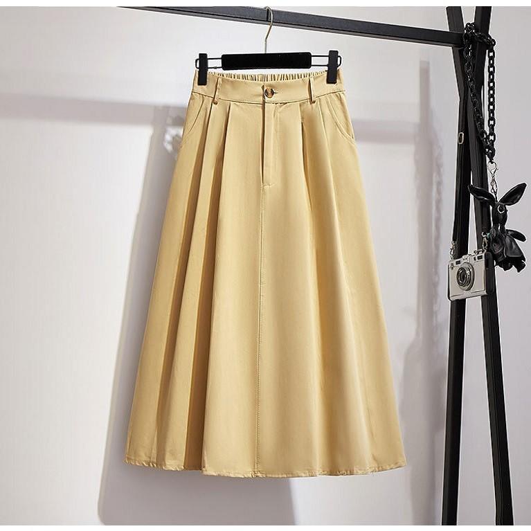 Fusta din bumbac pentru femei, vară, stil preppy, ocazional, elegant, cu buzunar, elastic, talie înaltă, fuste midi, linie A