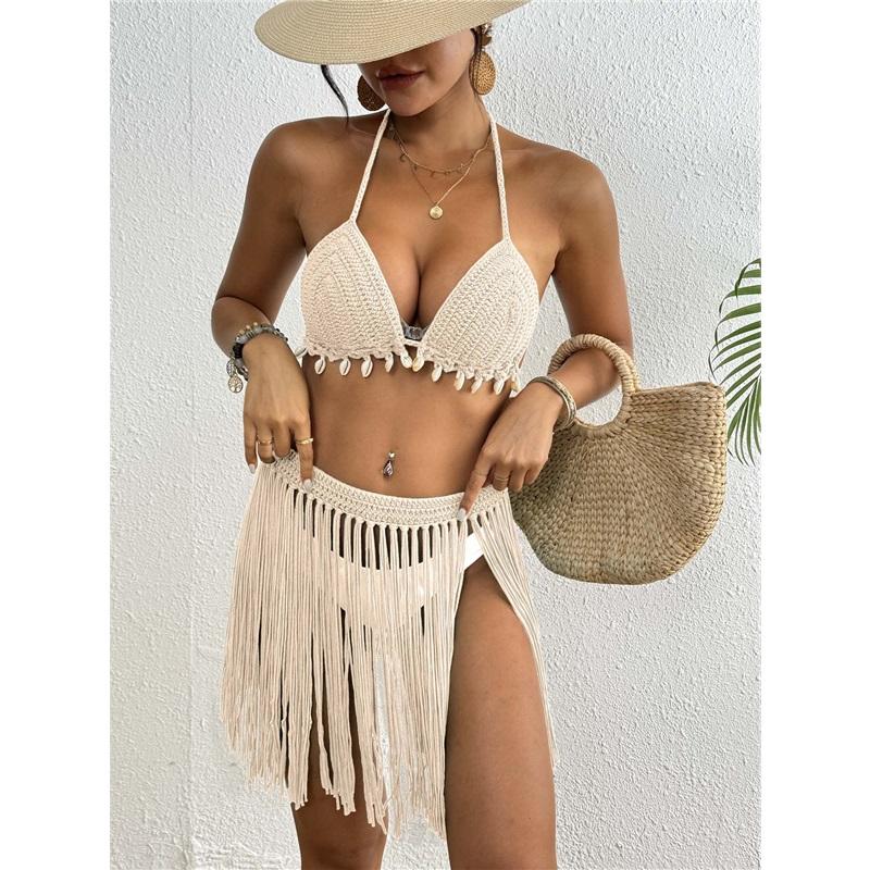 Womens Hand Crocheted Two Piece Bikini Set Shell Patchwork Tie Fringe Skirt Stylish Elegant Beachwear For Summer Vacation
