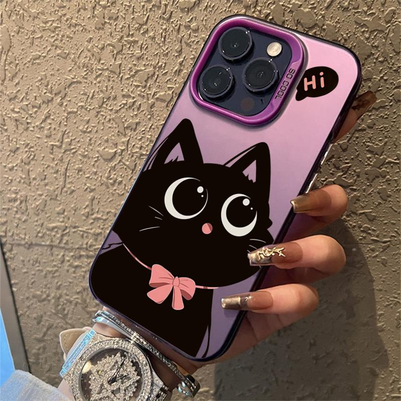 Cartoon Black Cat Eating Fish Electroplate Silver IMD Phone Case For iPhone 16 15 14 Pro Max 13 12 11 Pro 7 8 Plus X XS XR Cover