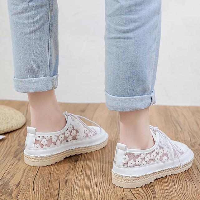 Sommer Gänseblümchen Bestickt Rundkopf Gestrickt Bequem Flache Schuhe Schnürer Mesh Einzelne Schuhe Sommersandalen