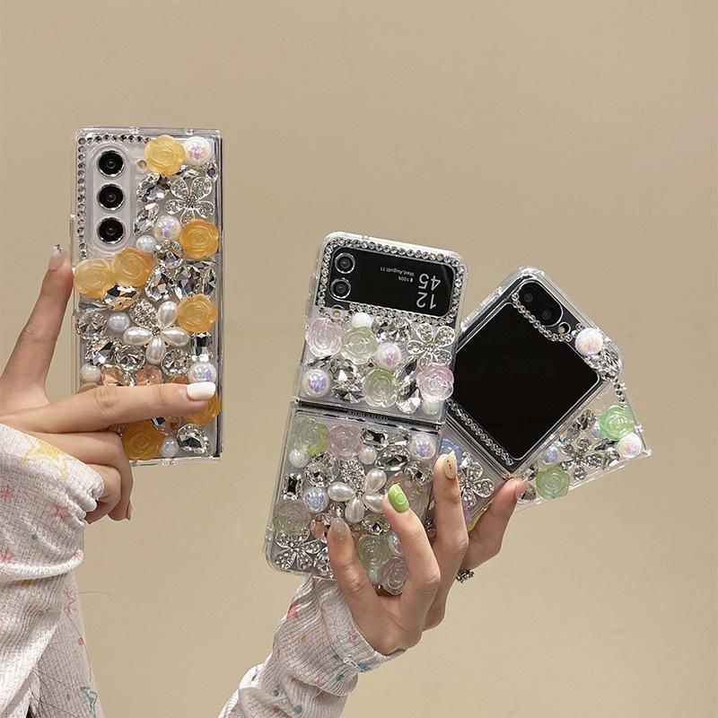 Luxury Rhinestone Pearl Flower Phone Case for Samsung Z Flip 8/7/6 Fold