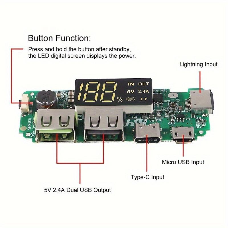 5V 2.4A Micro/Type-C USB 18650 LED Dual USB Mobile Power Bank Charging Module Lithium Battery Charger Board Circuit Protection