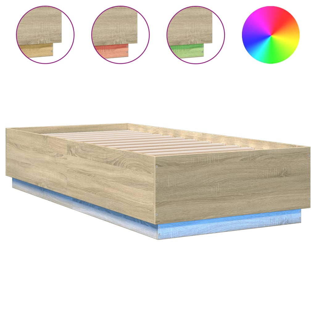 Vidaxl Rama Łóżka Z Led, Dąb Sonoma, 90X200Cm, Materiał Drewnopochodny