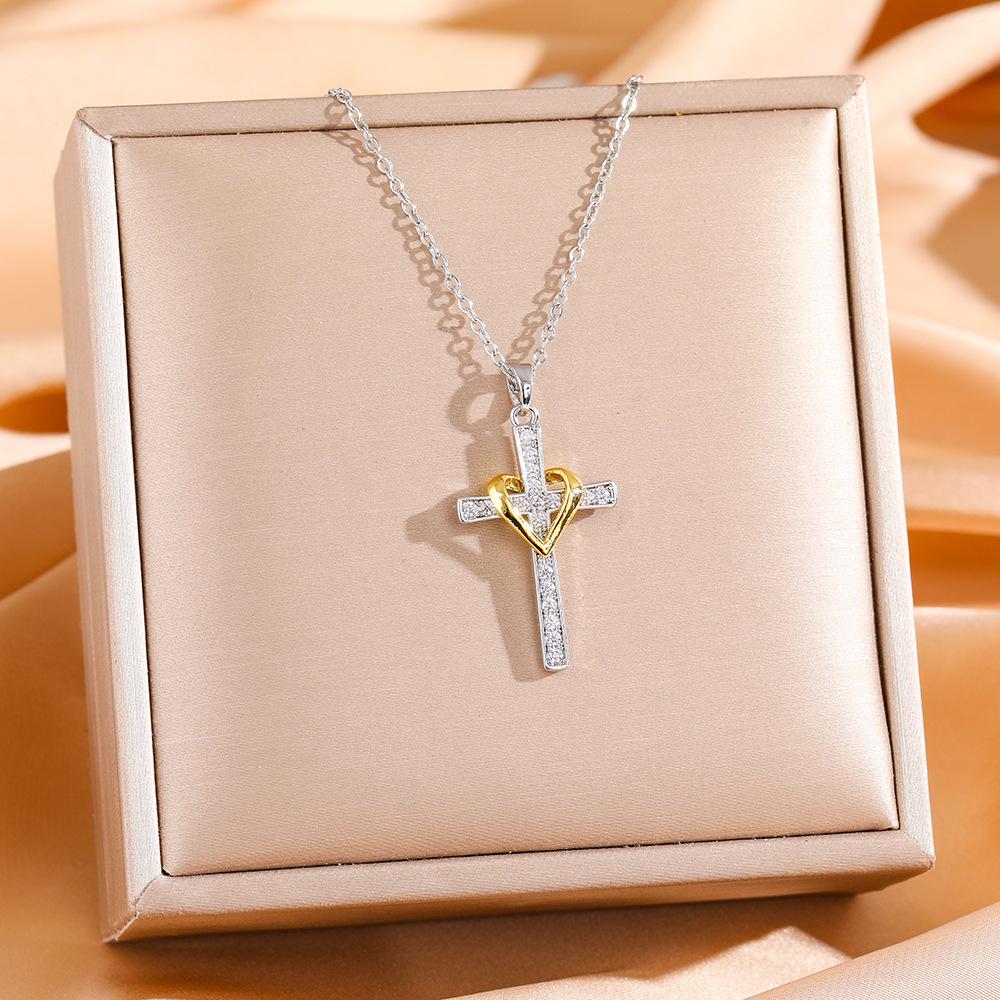 Trendy Ins Style Small Cross Pendant Necklace with Gold Plated Heart and Zircon for Women