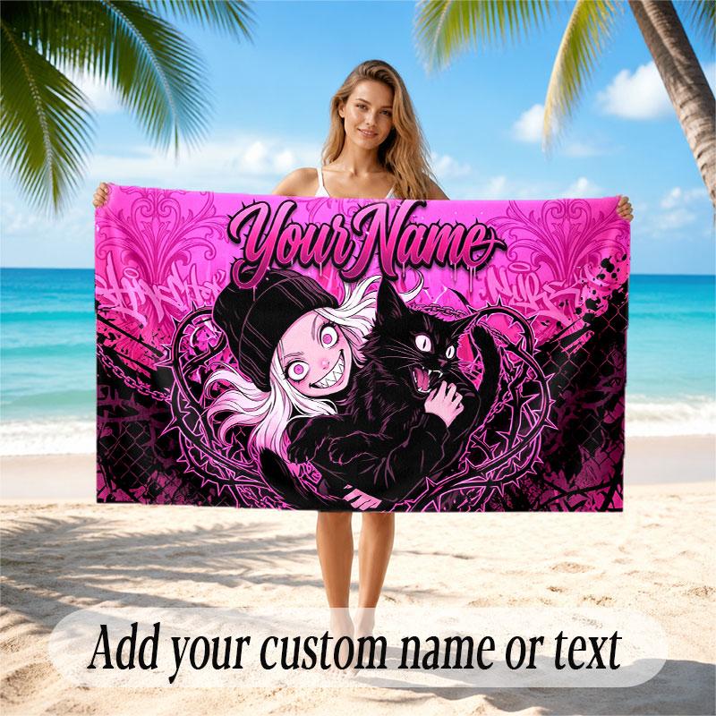 Cat Theme Soft Beach Towel Personalized Custom Name Text Towel Portable for Beach Pool Travel