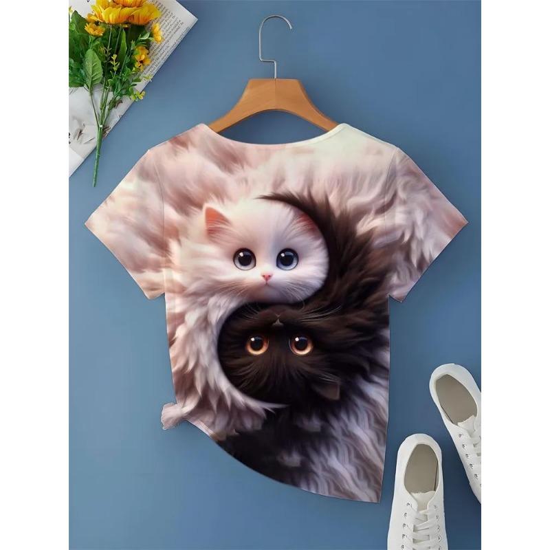 Casual Fashion Simple Abstract Painting Animal Black and White Cat Breathable 3D Printed V-neck Short Sleeve T-shirt Casual Sports Shirt