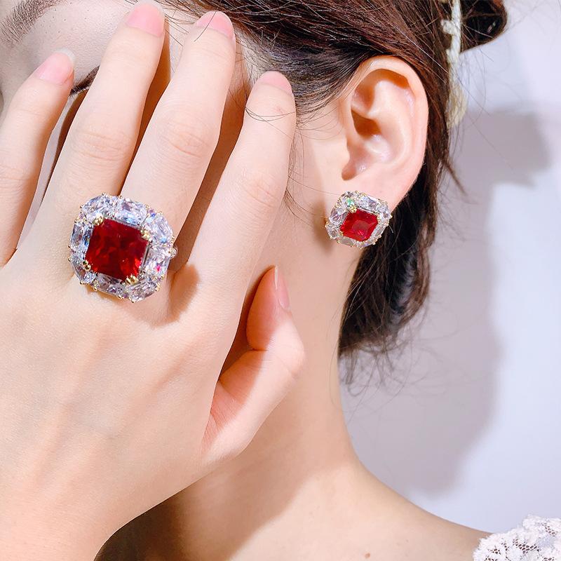 European and American High-end Jewelry Set, Pigeon Blood Red Open Ring, Fashionable Commuter Silver Needle Earrings, Earrings, Spot Women