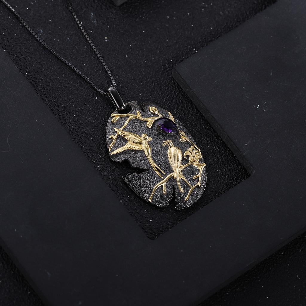 Original Designer High-end National Style Pendant Magpie Design 925 Silver Color Electroplating Natural Amethyst Necklace Pendant