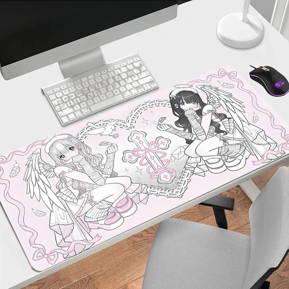 Anime Engel Meisje Muismat Xxl Antislip Gaming Bureau Mat Laptop Toetsenbord Lade Kantoor Pc Cartoon Gamer Zwart Wit Roze