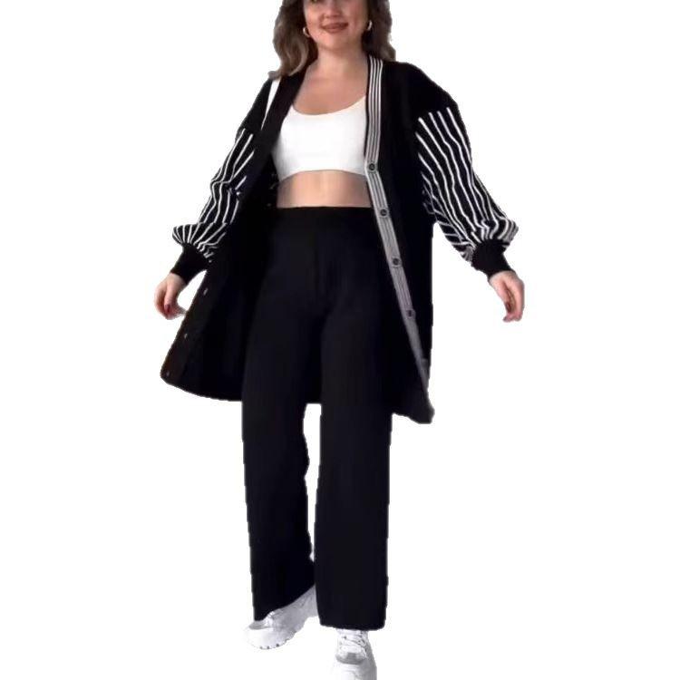 In Stock 2025 Autumn/Winter European & American Fashion Striped Casual Lazy Style Set