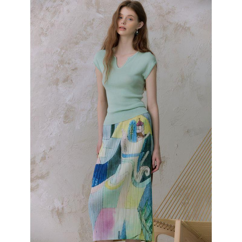 Aozhi State Artistic Sense Abstract Pattern Print Back Slit Pleat Skirt Elastic Waist Straight Midi Dress SW