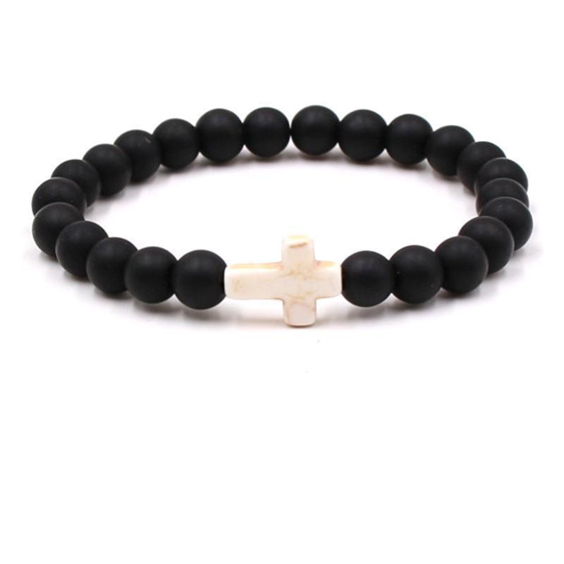 Trendy Beaded Bracelet With Natural Agate Stones - Stylish Cross Pendant Bracelet - Elegant Jewelry For Daily Wear