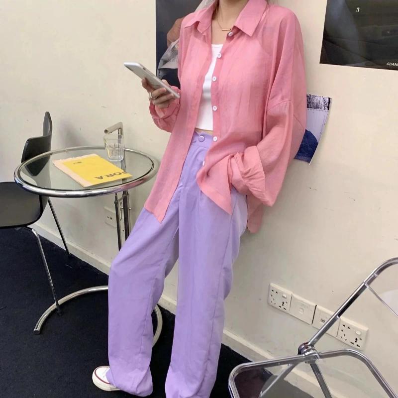 WTEMPO Chiffon Shirt Women Summer Thin Sun Protection Shirt Solid Casual Top StreetWear Versatile Shirt Vintage Female Clothing
