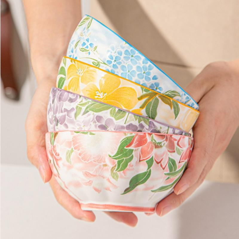 Janpanese Style Ceramic Rice Bowl Home Kitchen Noodle Ramen Dinnerware Bowls Flower Printing Fruit Bowls Beautiful Tableware