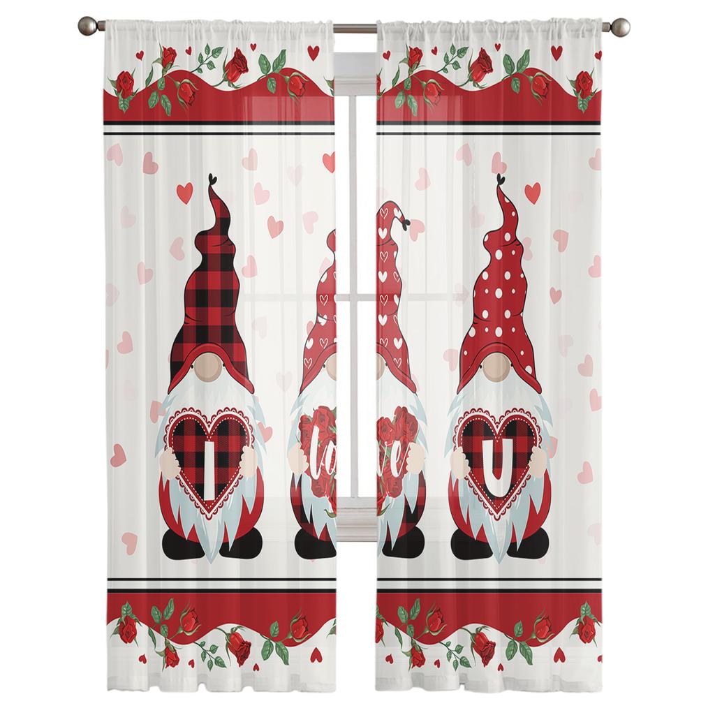 Valentinstag Rosen Wichtel Tüll Vorhänge für Wohnzimmer Heimdeko Fenstervorhang Küche Transparenter Voile Vorhang