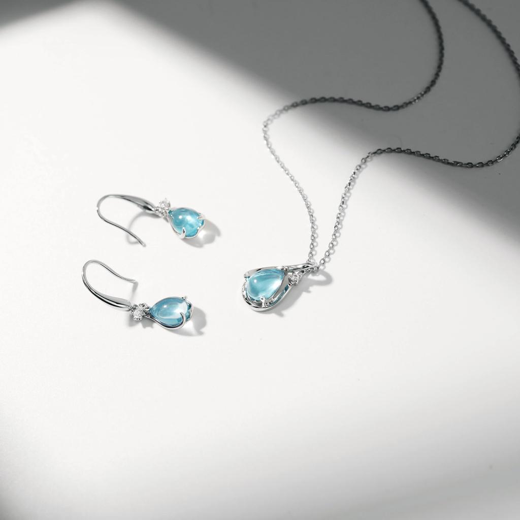 Aquamarine Earrings and Necklace March Birthstone Silver Light Birthday Accessories [FH.bird] Set, "Angel Stone", 925, Hypoallergenic, Rust-Resistant,