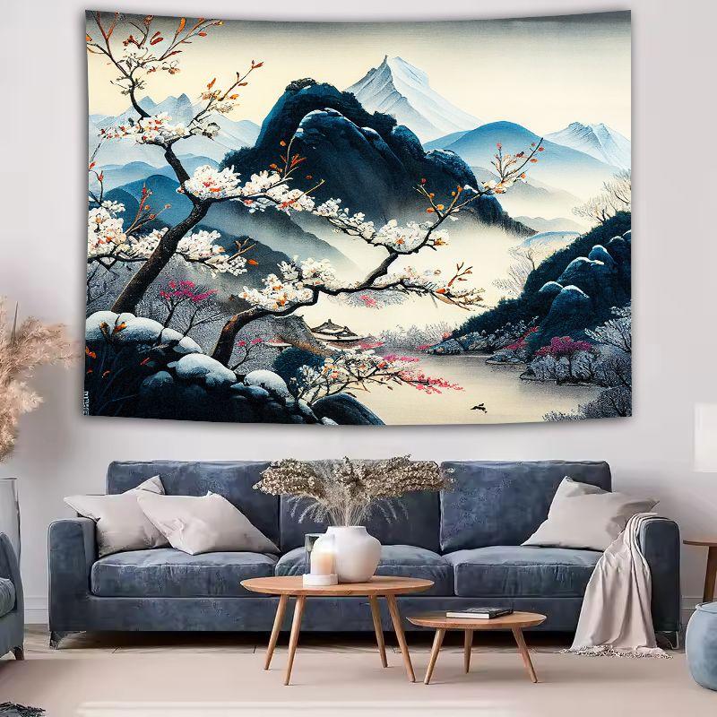 VIKAMA Ink-wash Snow-capped Mountain and Plum Blossom Tapestry, Polyester Landscape Wall Hanging, Zen-inspired Wall Decoration