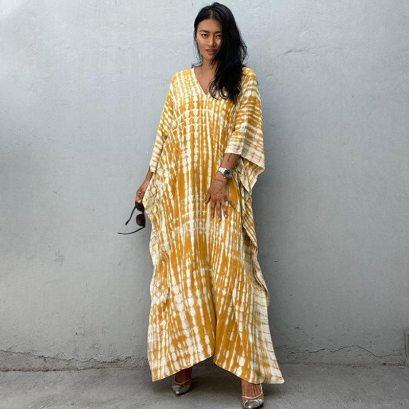 European & American Tie-dye Rayon Beach Dress: Loose, Long Seaside Vacation Robe & Bikini Cover-up with Sunscreen Shirt for Women