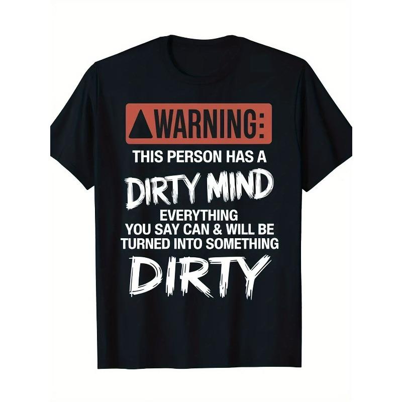 European Sizes Men'S Funny Warning: Dirty Mind & Heart Graphic T-Shirt - Humorous Caution Sign Design with Text, Round Neck Short Sleeve Casual
