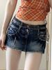 American Retro Embroidered Double Waistband Denim Skinny Skirt Shorts - Spring 2026