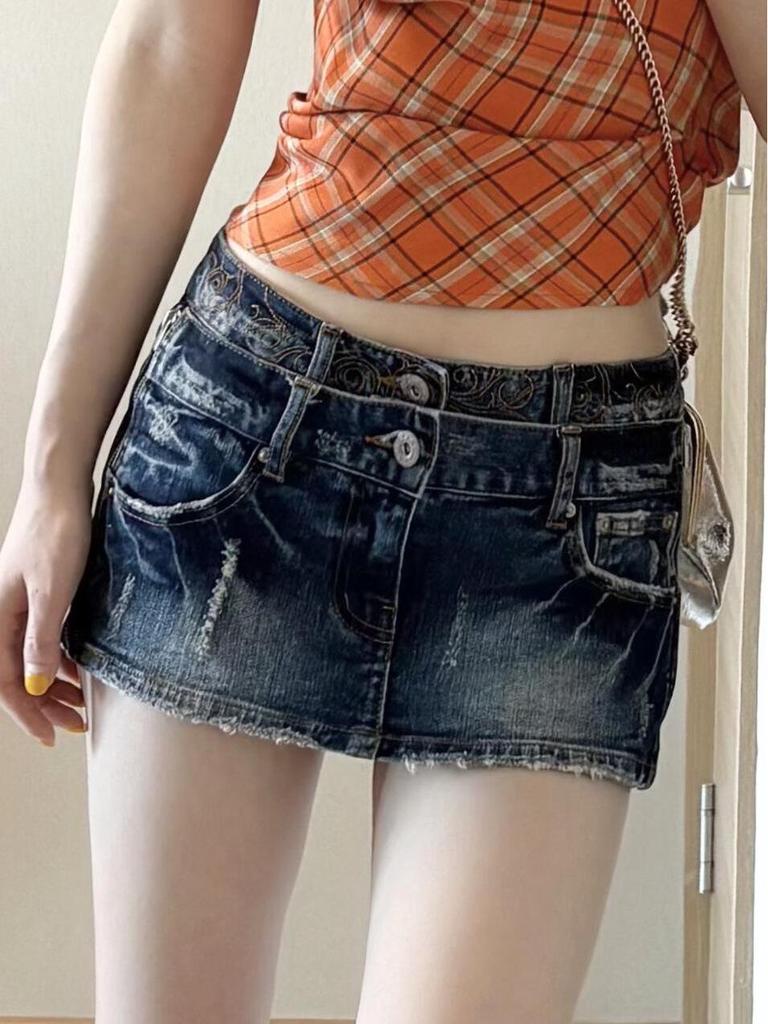 American Retro Embroidered Double Waistband Denim Skinny Skirt Shorts - Spring 2026