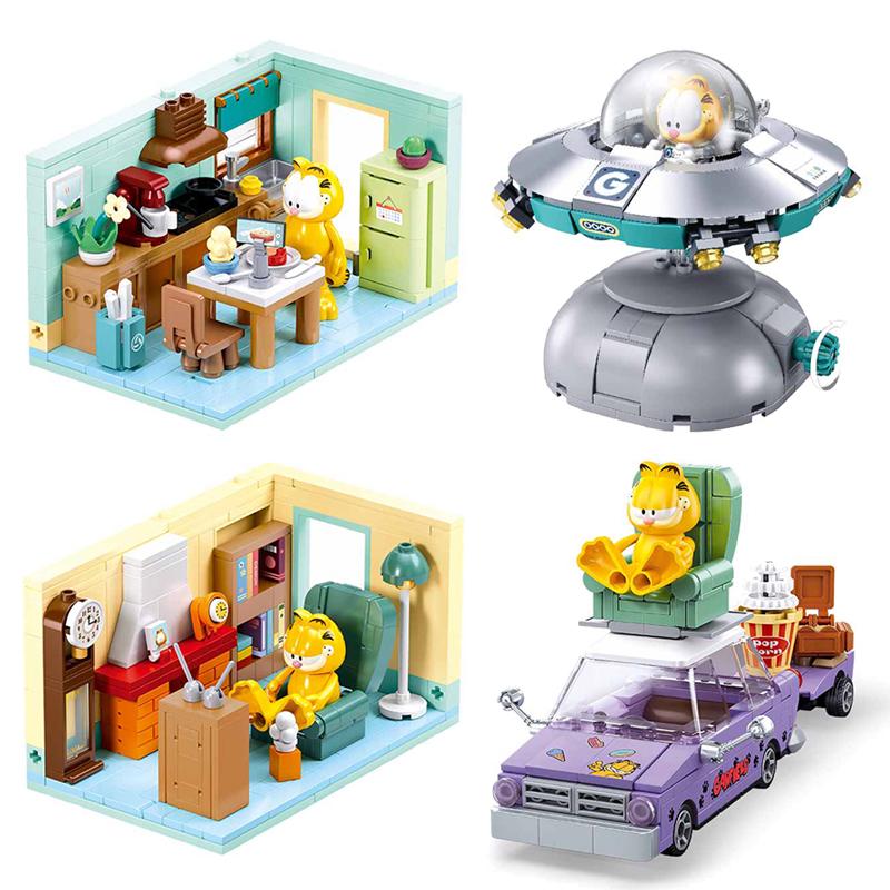 Non-Toxic Garfield Car Building Blocks City Magic Cartoon Cat Anime Figures Collection Dispaly Model Diy Bricks Toys For Kid Birthday Gift