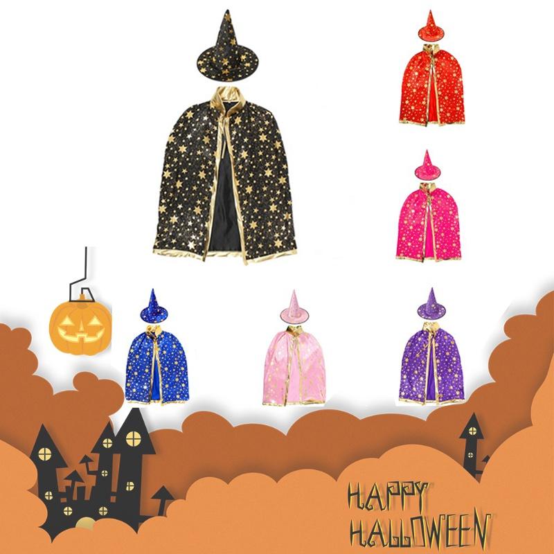 Halloween Cosplay Wizard Cape For Kids With Dazzling Star Pattern And Hat
