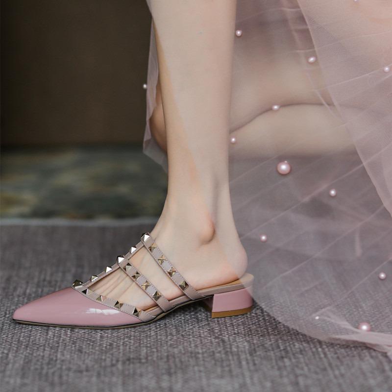 Spring and summer new rivets patent leather thick heel pointed head middle heel bag head lazy versatile half drag wear sandals women's shoes