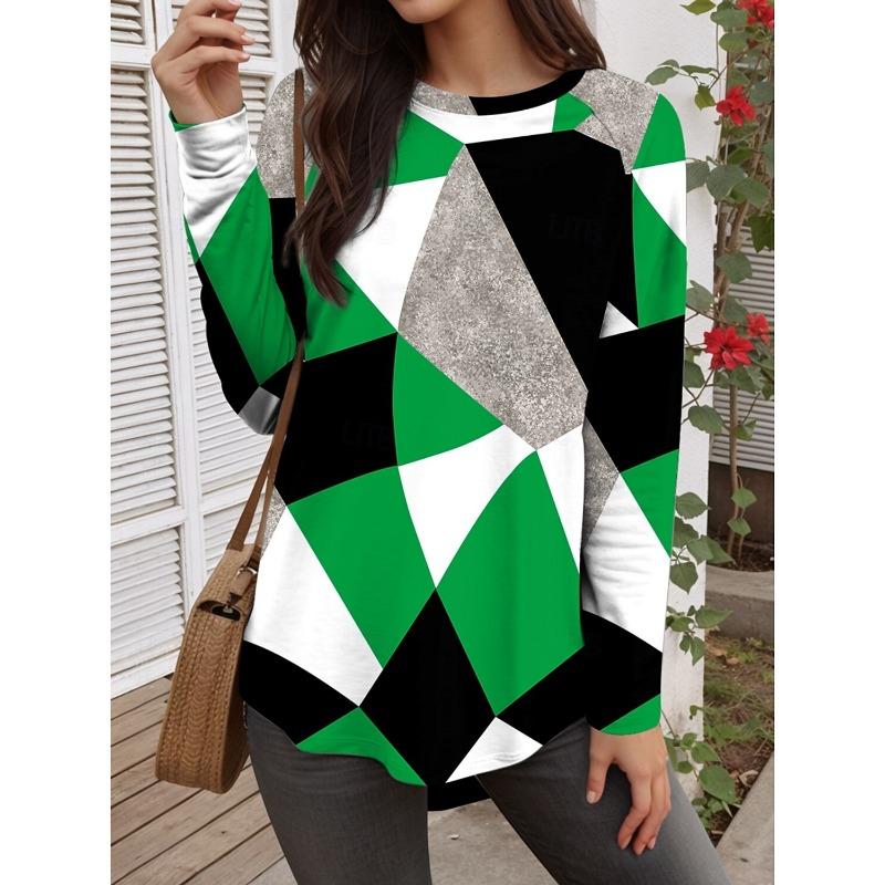 Autumn and winter Fashion Women's Graphic Geometric Abstract O-Neck Long Sleeve T-Shirt Casual Tops Womens Clothing Harajuku Pullover