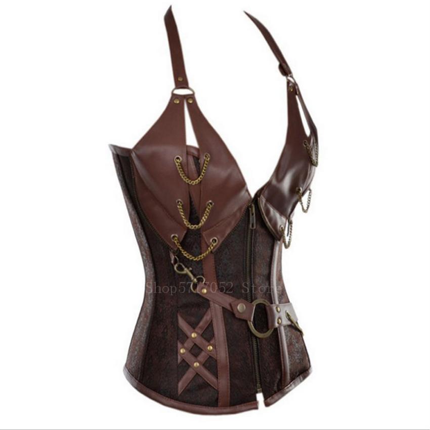 Costume da pirata vichingo medievale per adulti Costume da cavaliere gotico per donna Corsetto di Halloween Cosplay Steampunk Gilet in pelle con corazza in metallo