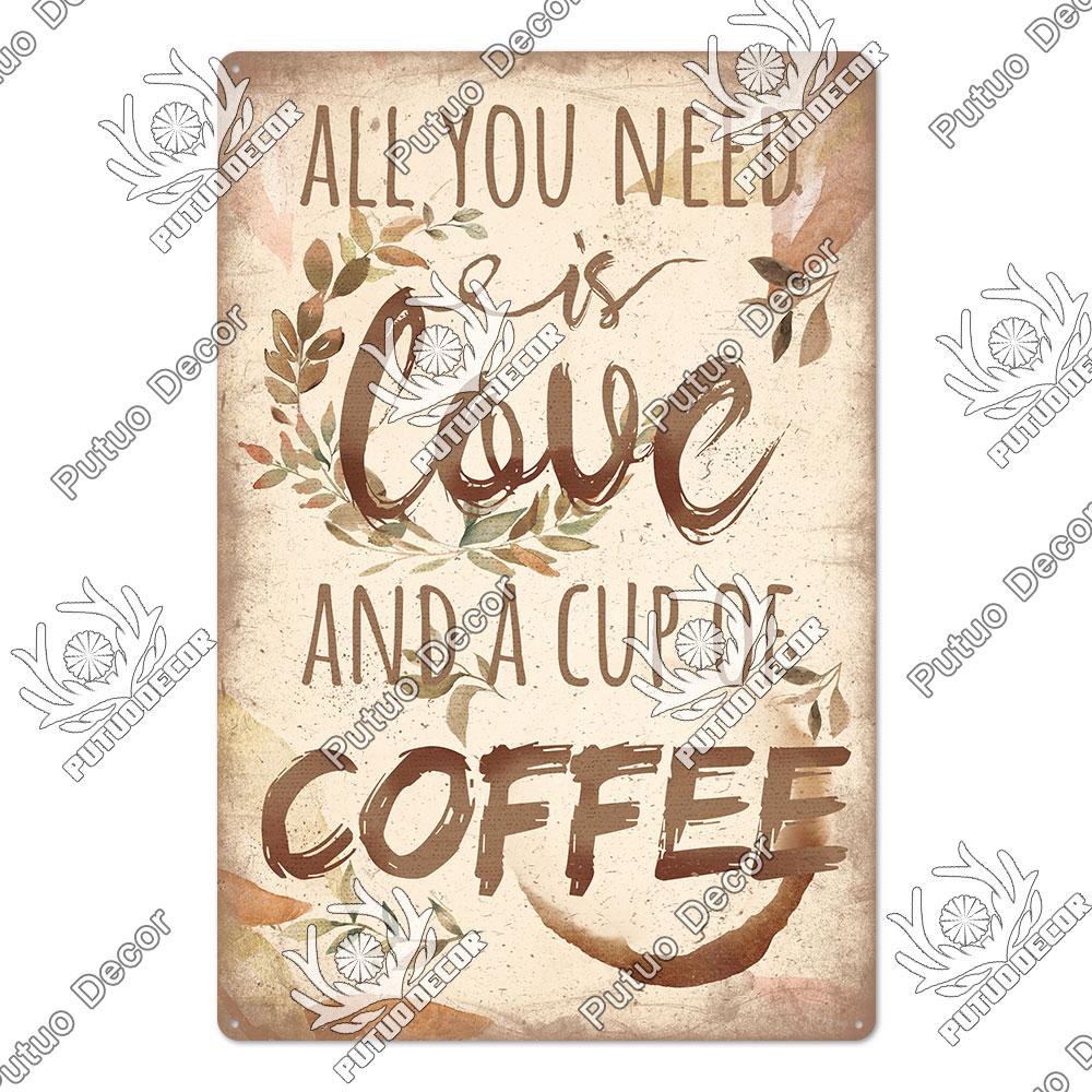 Putuo Decor Coffee Tin Sign Vintage Plaque Metal Plates Shabby Chic Wall Art Poster for Cafe Bar Living Room Home Man Cave Decor