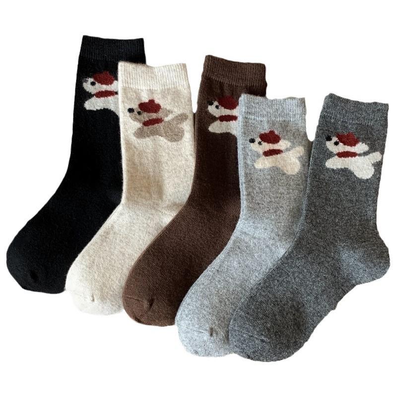 Wool Socks Medium Tube Socks Warm Thick Socks Cute Cartoon Scarf Puppy Boneless Coffee Women'S Socks
