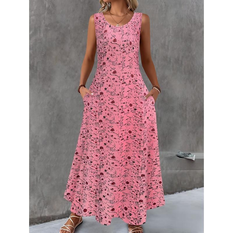 JKASHDK Women's Fashion Summer Spring Flower Pattern Print Sleeveless O-Neck Loose Waistline Casual Dresses