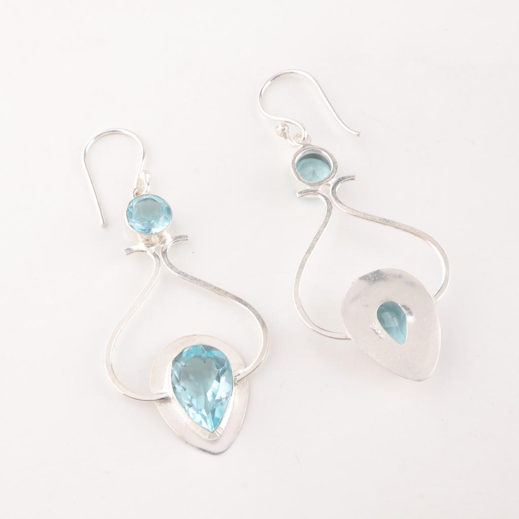 Natural Sky Blue Topaz Gemstone 925 Solid Silver Handmade Earrings 2.07" For Her EE-170-6