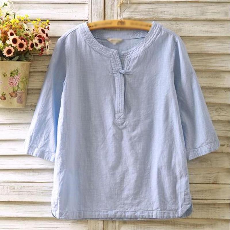 

Cotton Women Vintage Linen Blouse Shirt Flax 34 Loose Sleeve Top Tops Tunic Tag L=US S синий