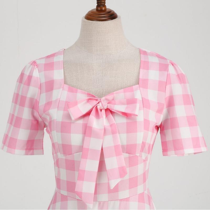 Retro Pendelrock Temperament Karreeausschnitt Kurzarm Kariert Schleife Kleid