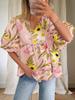 Dames Bloemige Babydoll Blouse V-hals Korte Lantaarnmouw Los Zomer Top