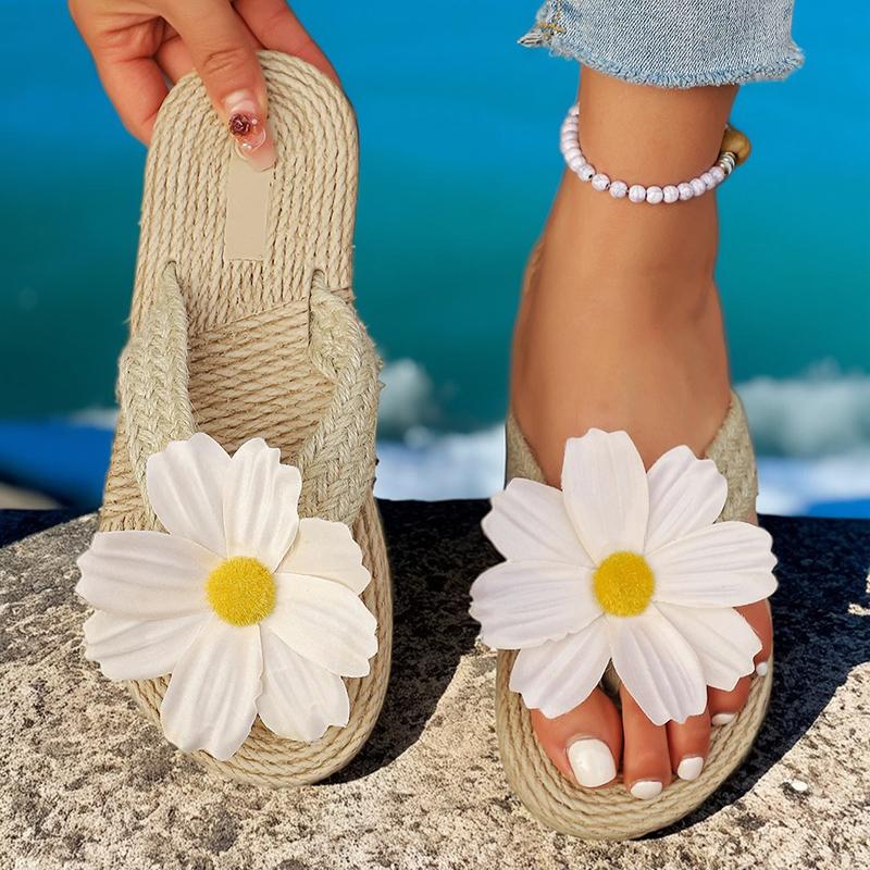 Fashion Summer Flower Decor Beach Flip Flops Women Clip Toe Straw Rope Weave Flat Sandals Woman 2025 Summer Non Slip Platform Slippers