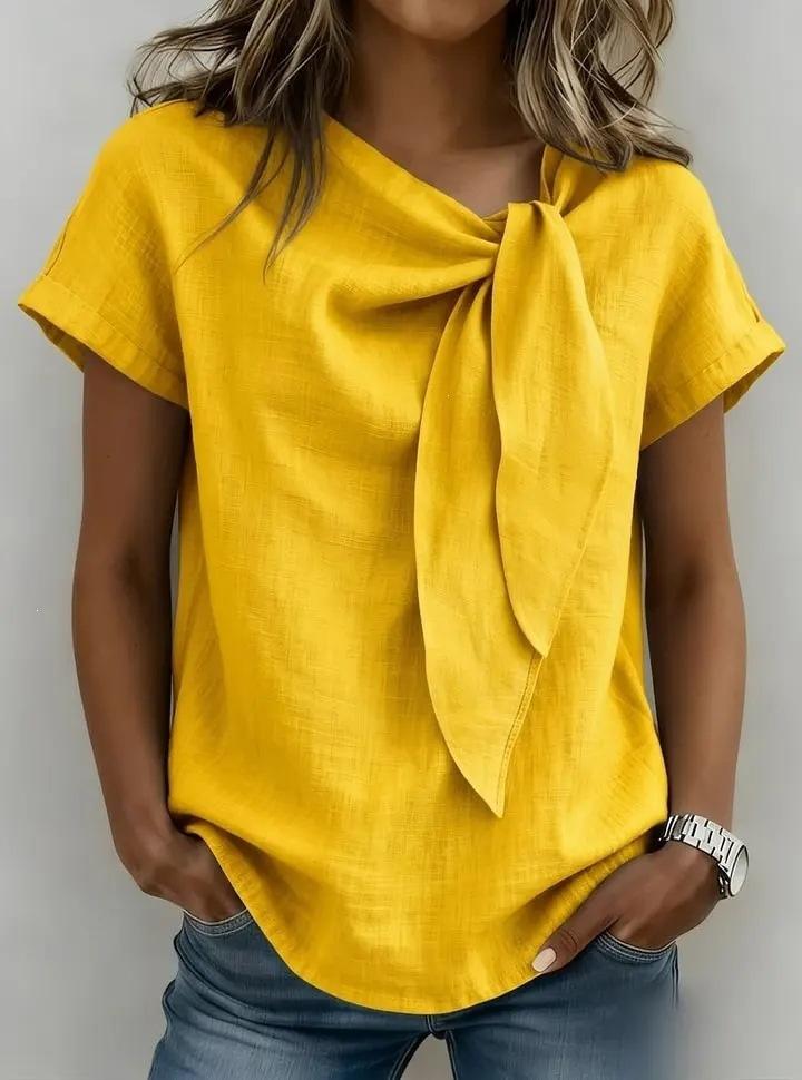 

Women s Knot Front Solid Color Linen Blend Short Sleeve Top Loose Fit Casual Summer Blouse XL