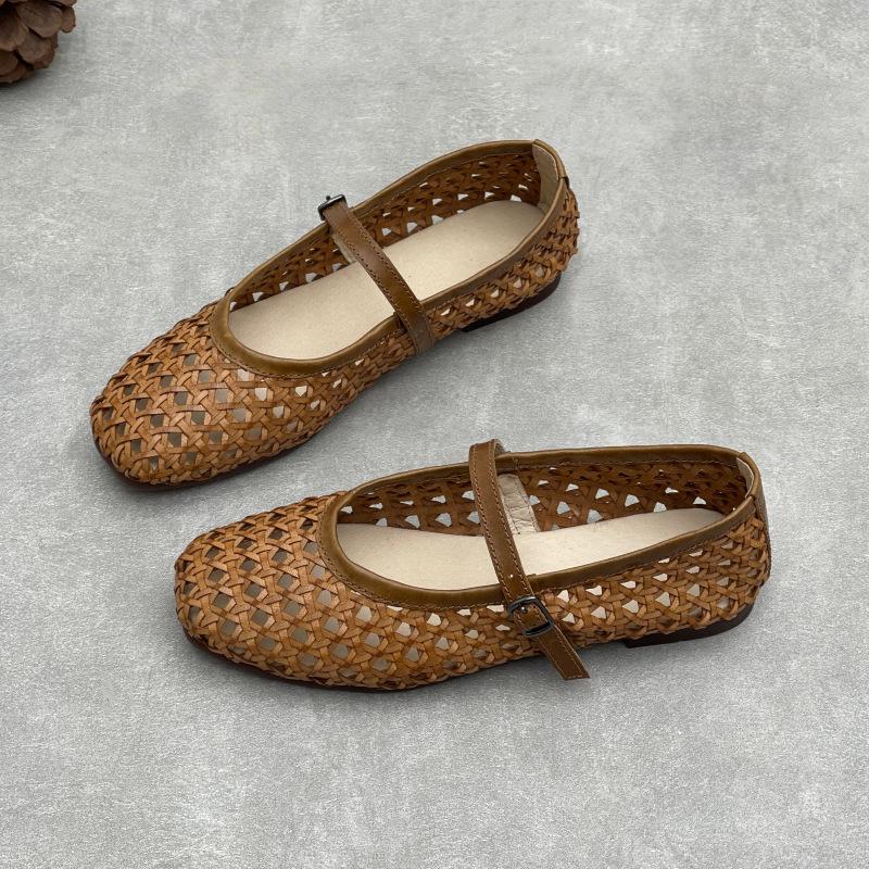 Johnature Handmade Cowhide Woven Hollow Women's Shoes Breathable Comfortable Genuine Leather Flat Sandals