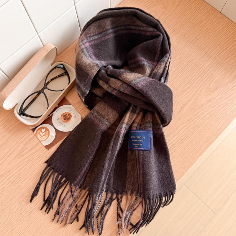 111% pure blue-gray plaid scarf for men and women, winter knitted to keep warm, high-end temperament plaid scarf