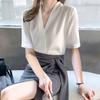 Women Solid White V Neck Short Sleeve Loose Casual Office Blouse