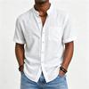 Camicia da Uomo a Maniche Corte in Misto Lino con Collo alla Mandarina Bottoni Tasca Top Casual