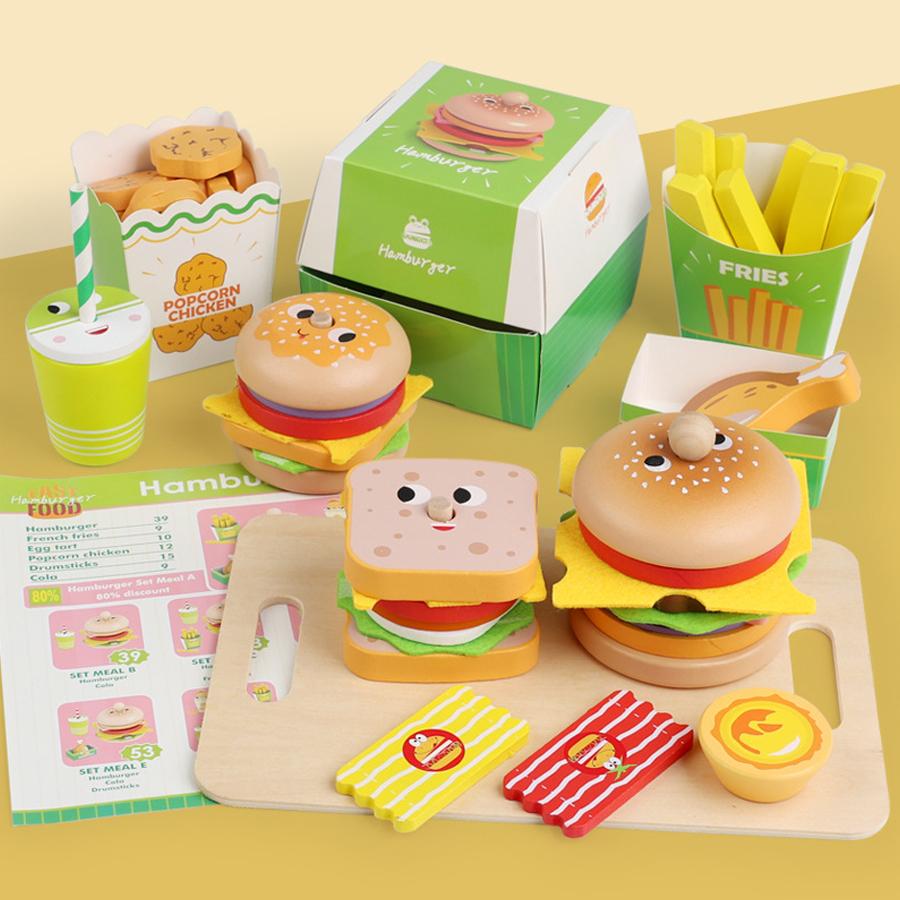 Kids Kitchen Playset Burger Fries Food Play House Games Hamburger Sandwich Stacking Cooking Kids Pretend Play Toy Christmas Gift
