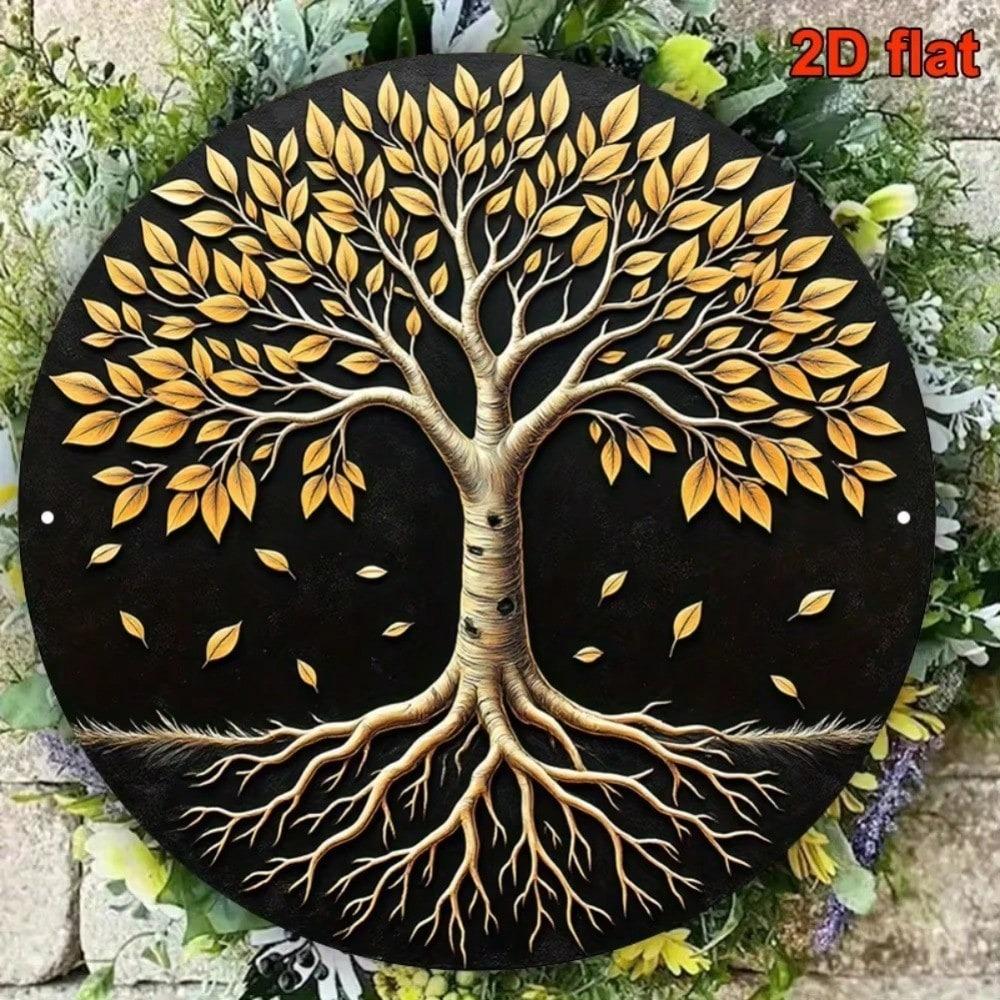 Albero della Vita Foglia d'Oro Rotondo Metallo Arte da Parete 8 Pollici Piastra in Alluminio Nero Per Decorazione Casa Ufficio